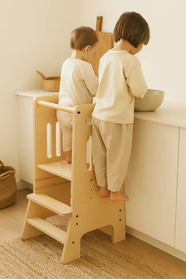 Two children playing at the counter with the tower