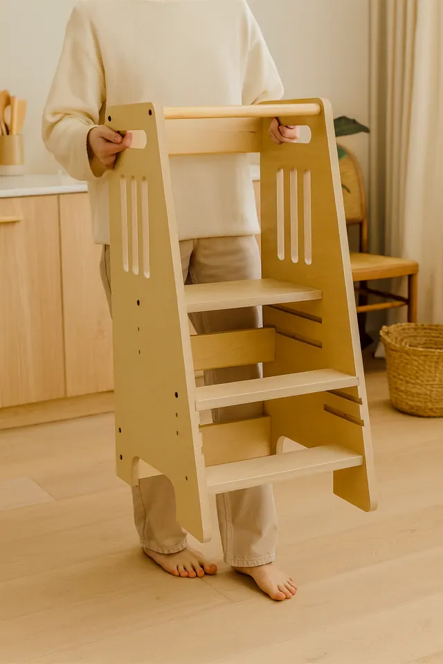An adult carrying the tower by its side hand-holds