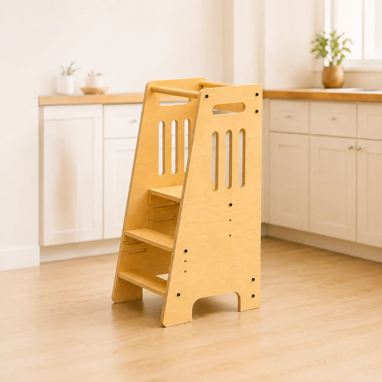 The StepUp learning tower standing in a bright kitchen