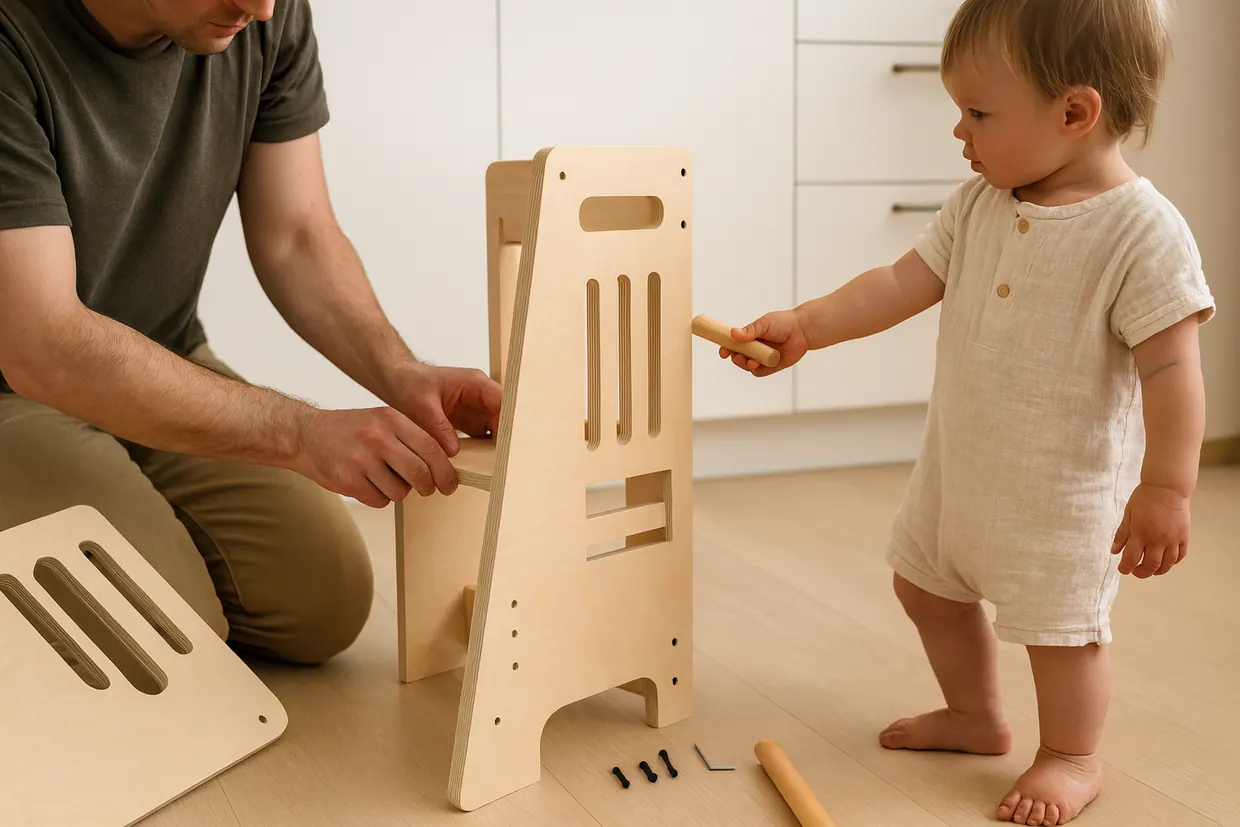A parent assembling the tower with their child