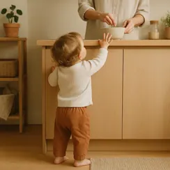 A toddler reaching up towards a kitchen counter