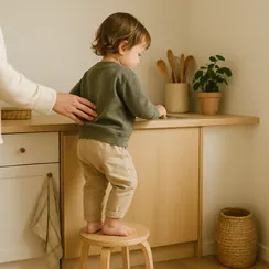 A child standing on a wobbly stool