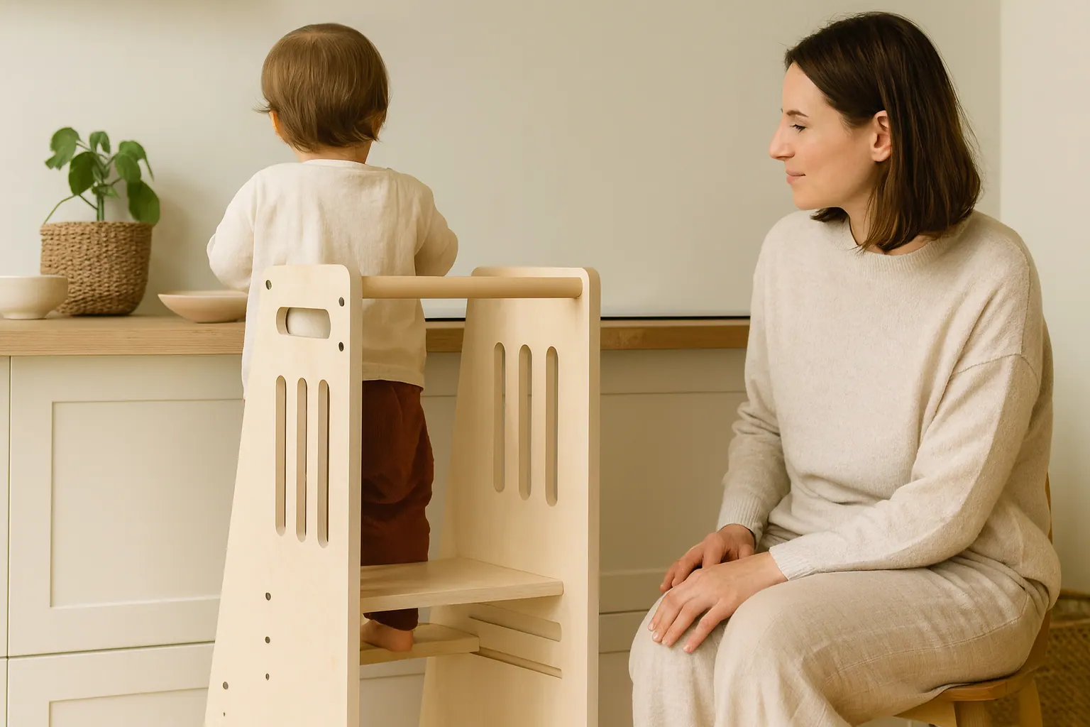 A mother watching her child cook while standing safely in the tower