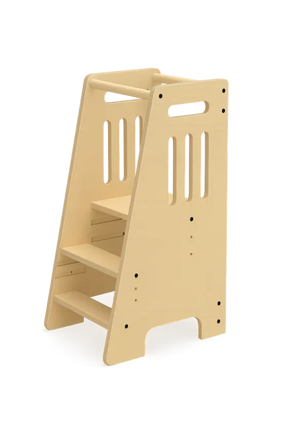 The StepUp learning tower seen from three quarters, showing the safety rail, adjustable platform and wide steps