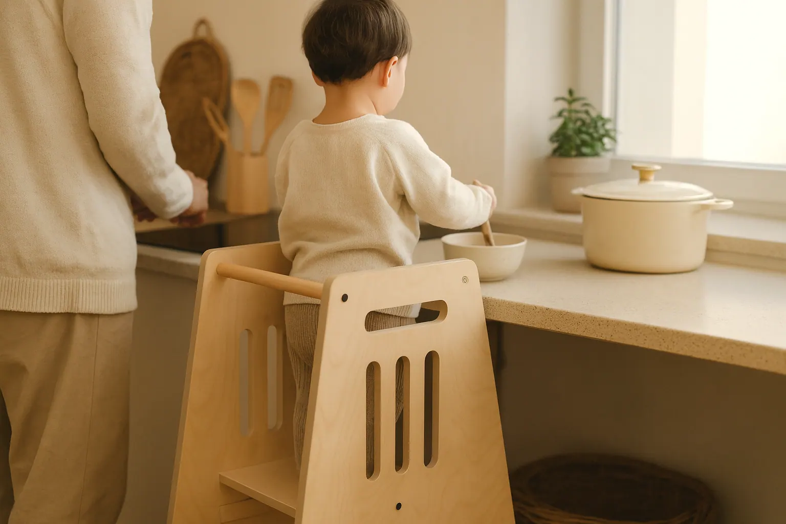A child cooking beside their parents in the kitchen while standing in the StepUp tower